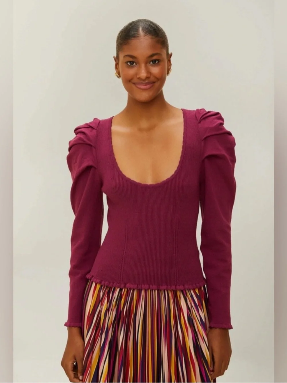FARM RIO Burgundy Knit Corset Top fuchsia pink purple puff sleeve scoop neck